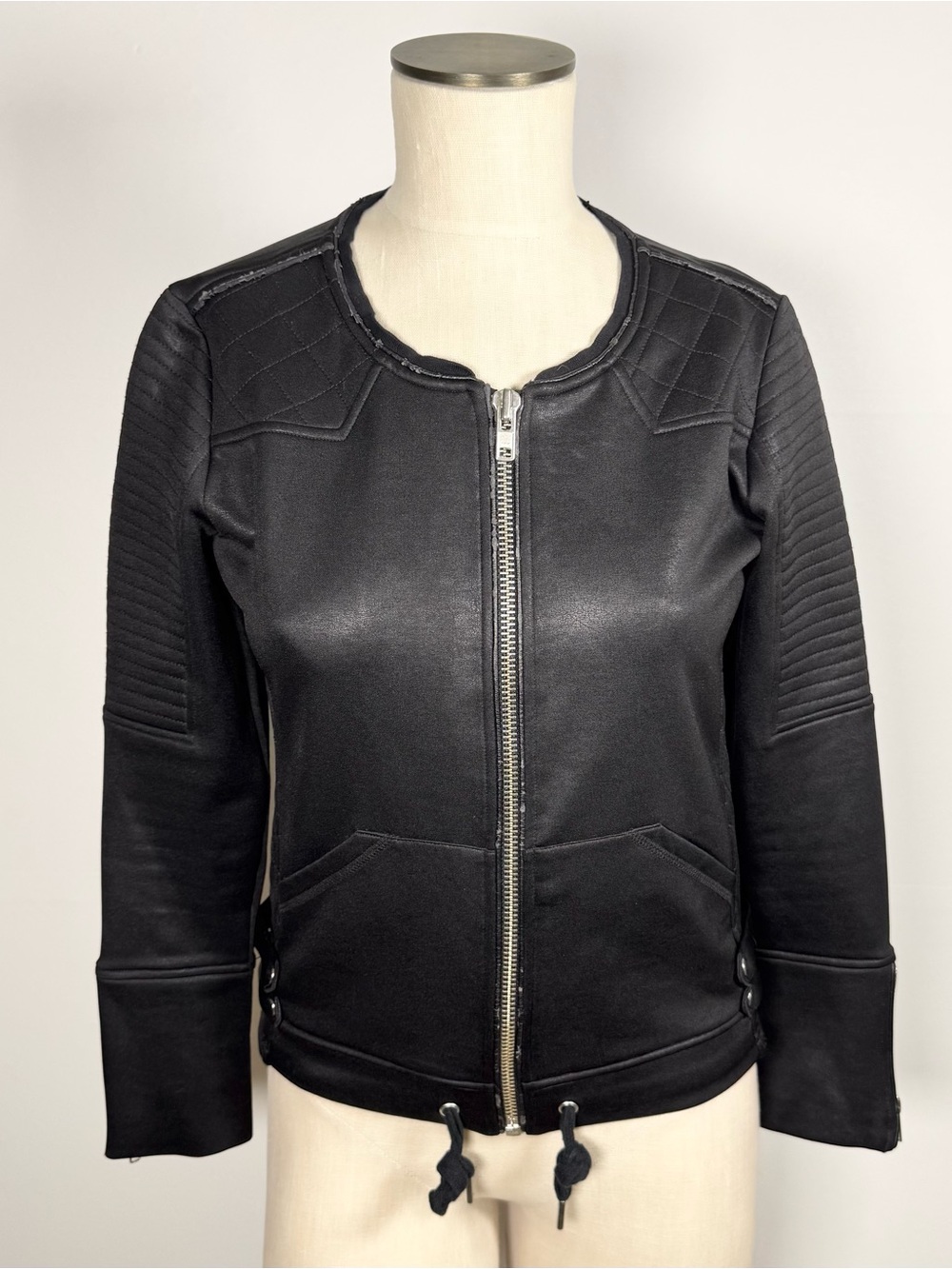 The Kooples Women's Faux Leather Stretchy Knit Black Full Zip Moto Jacket Sz S